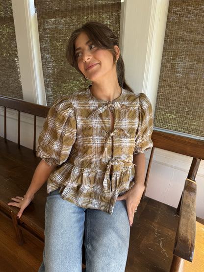 Needii June Olive Gingham Plaid Puffy Tie Top (S)