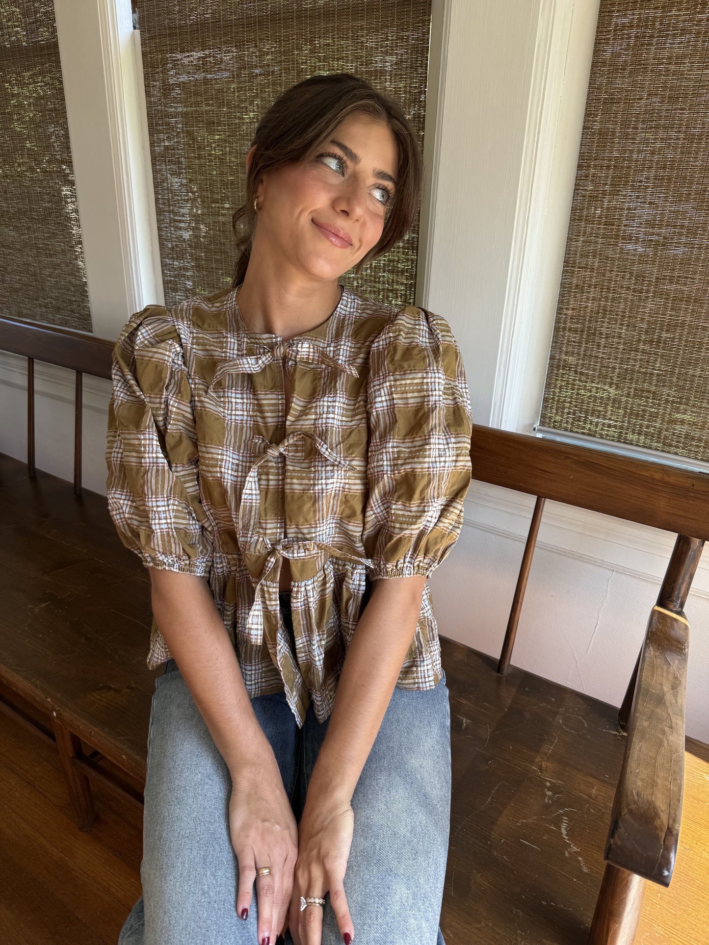 Needii June Olive Gingham Plaid Puffy Tie Top (S)