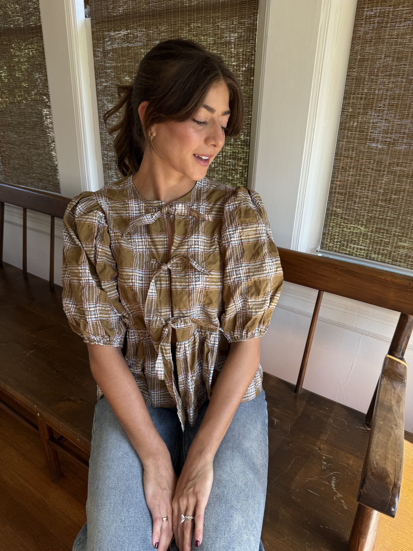 Needii June Olive Gingham Plaid Puffy Tie Top (S)