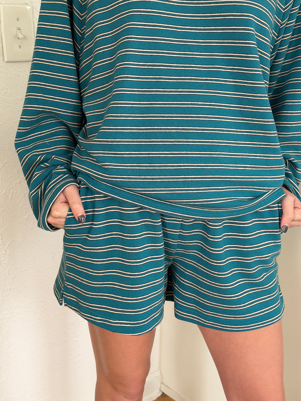 Things Between Wynn Teal Striped Cotton Shorts