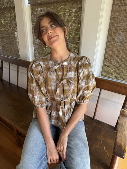 Needii June Olive Gingham Plaid Puffy Tie Top (S)