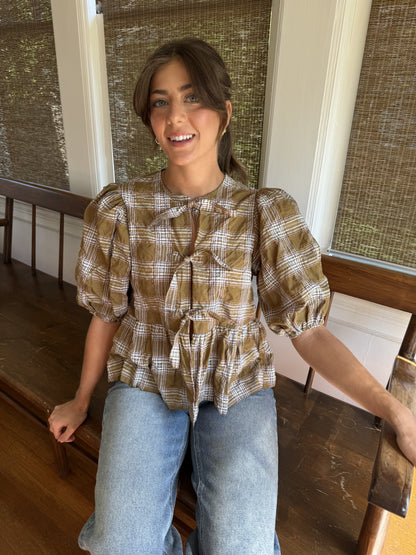Needii June Olive Gingham Plaid Puffy Tie Top (S)
