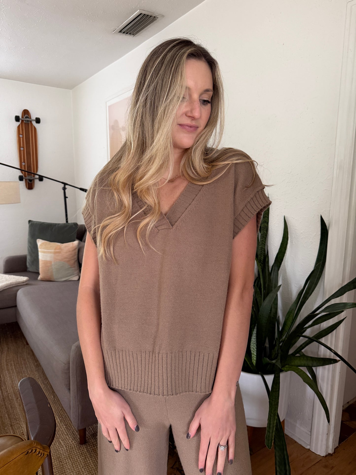 Miou Muse Zoe Taupe Knit Sleeveless V-Neck Top