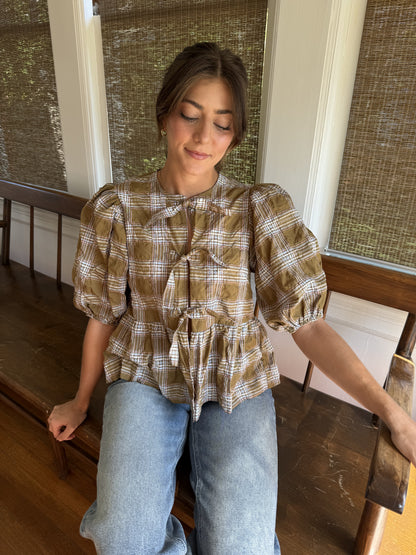 Needii June Olive Gingham Plaid Puffy Tie Top (S)
