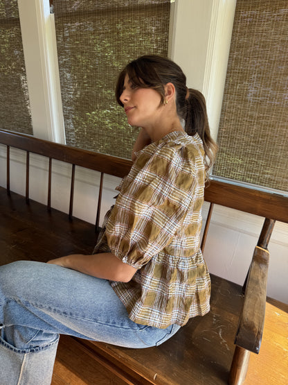 Needii June Olive Gingham Plaid Puffy Tie Top (S)