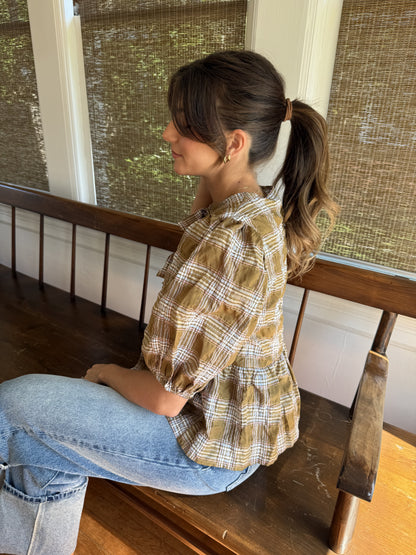 Needii June Olive Gingham Plaid Puffy Tie Top (S)
