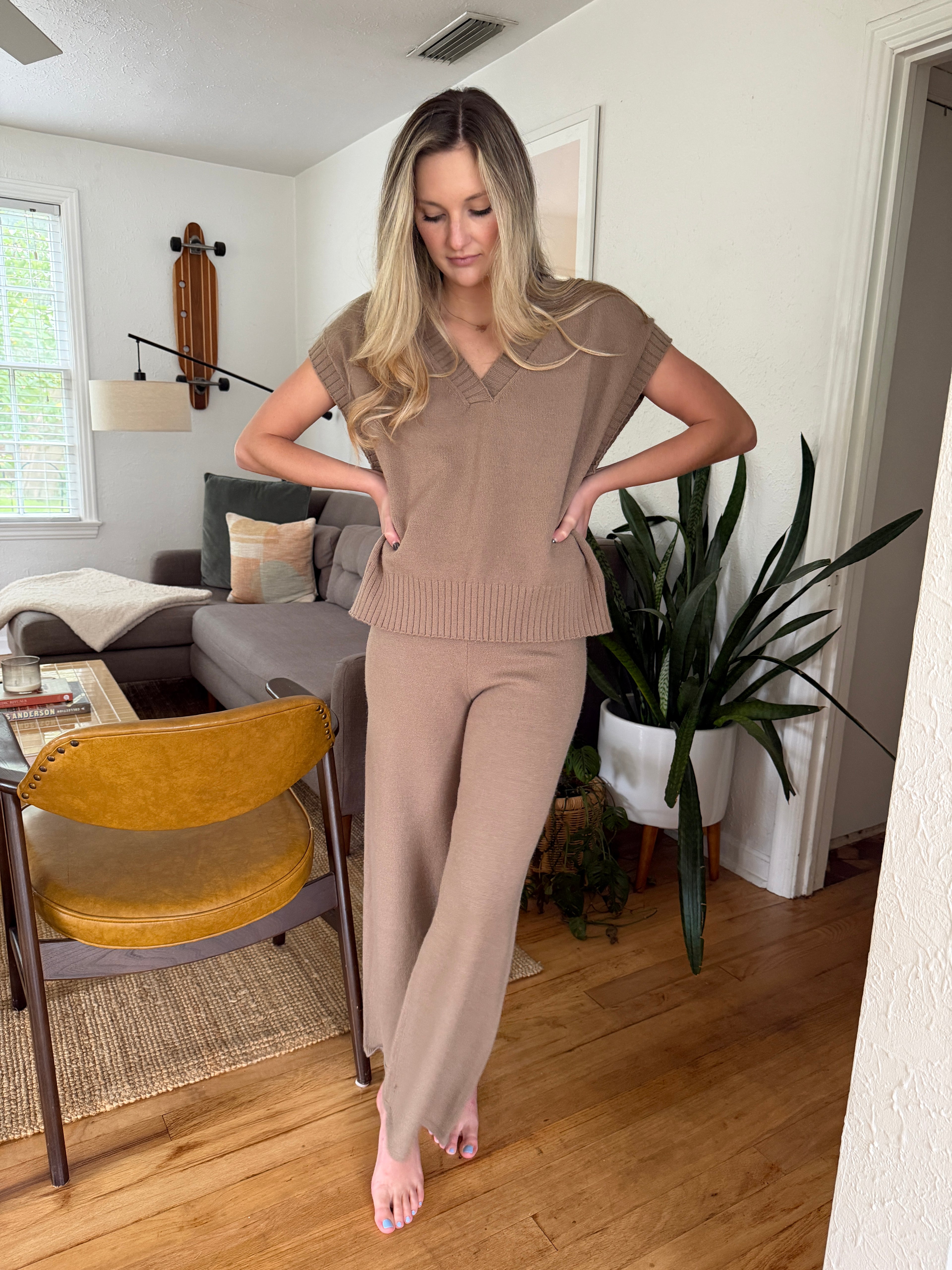 Miou Muse Zoe Taupe Knit Wide Leg Pants