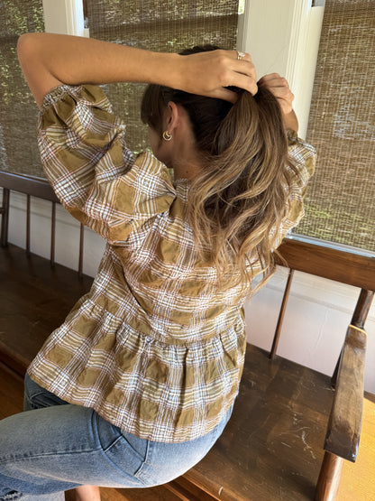 Needii June Olive Gingham Plaid Puffy Tie Top (S)