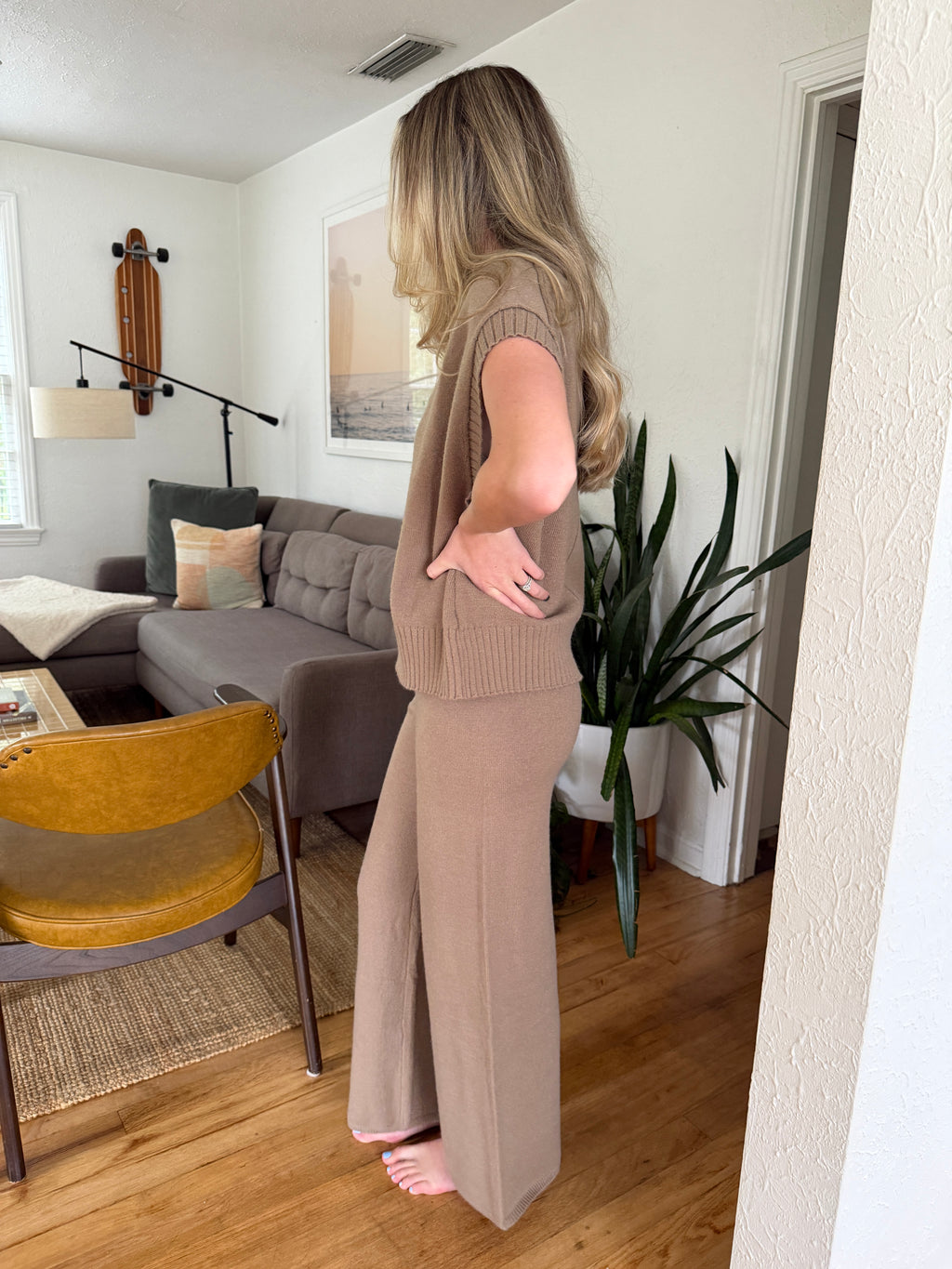 Miou Muse Zoe Taupe Knit Wide Leg Pants