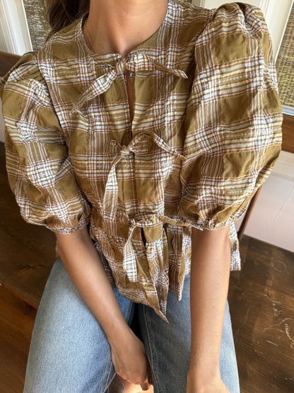 Needii June Olive Gingham Plaid Puffy Tie Top (S)
