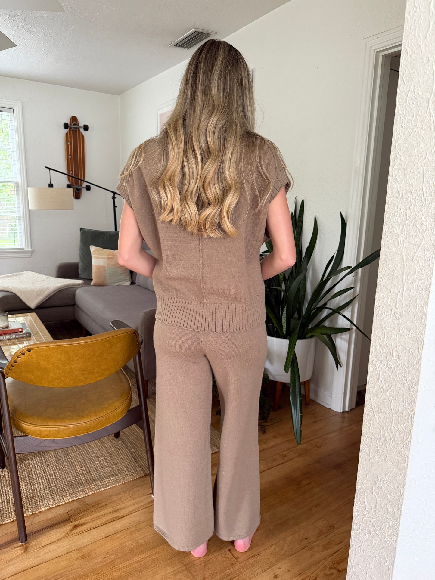 Miou Muse Zoe Taupe Knit Wide Leg Pants