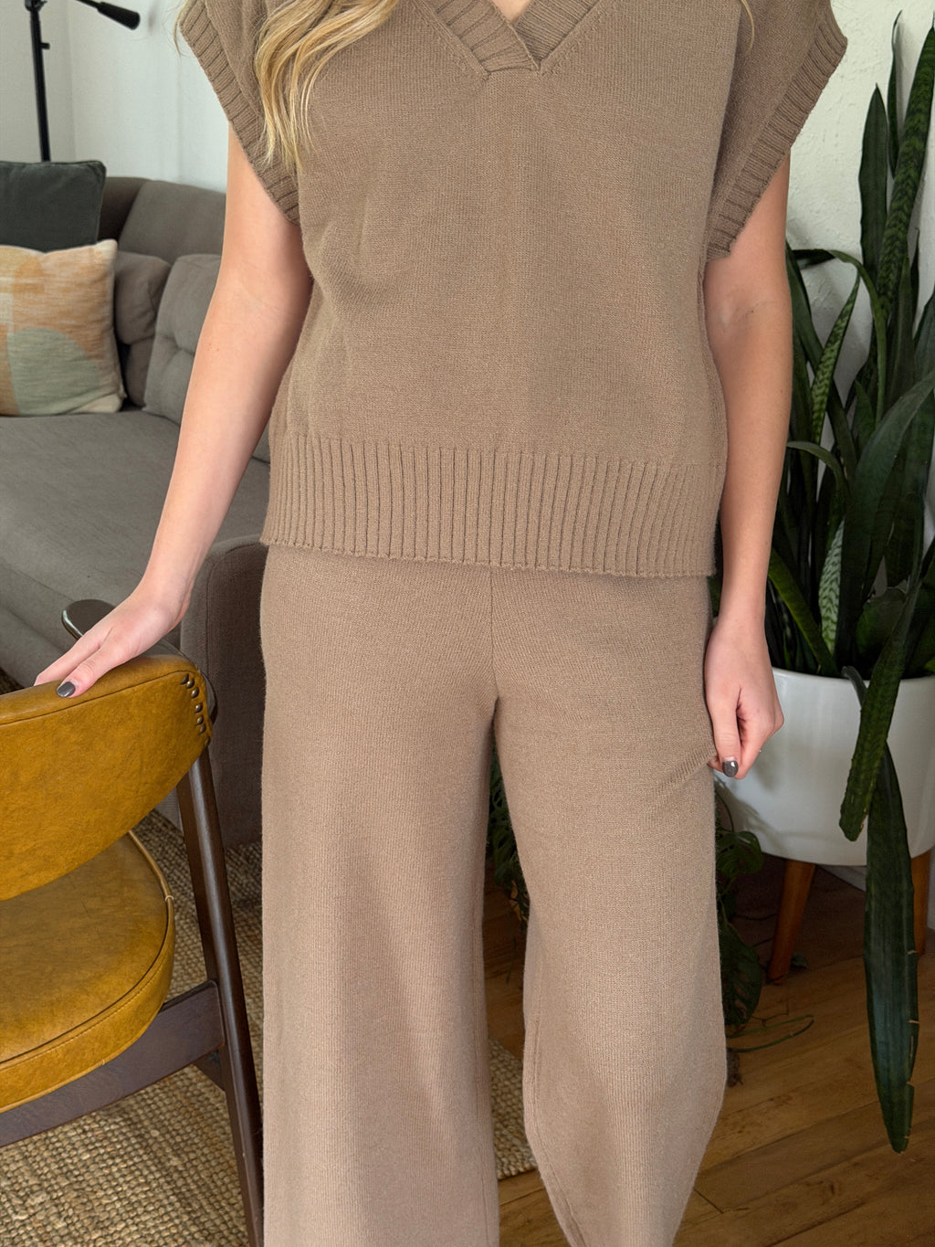 Miou Muse Zoe Taupe Knit Wide Leg Pants