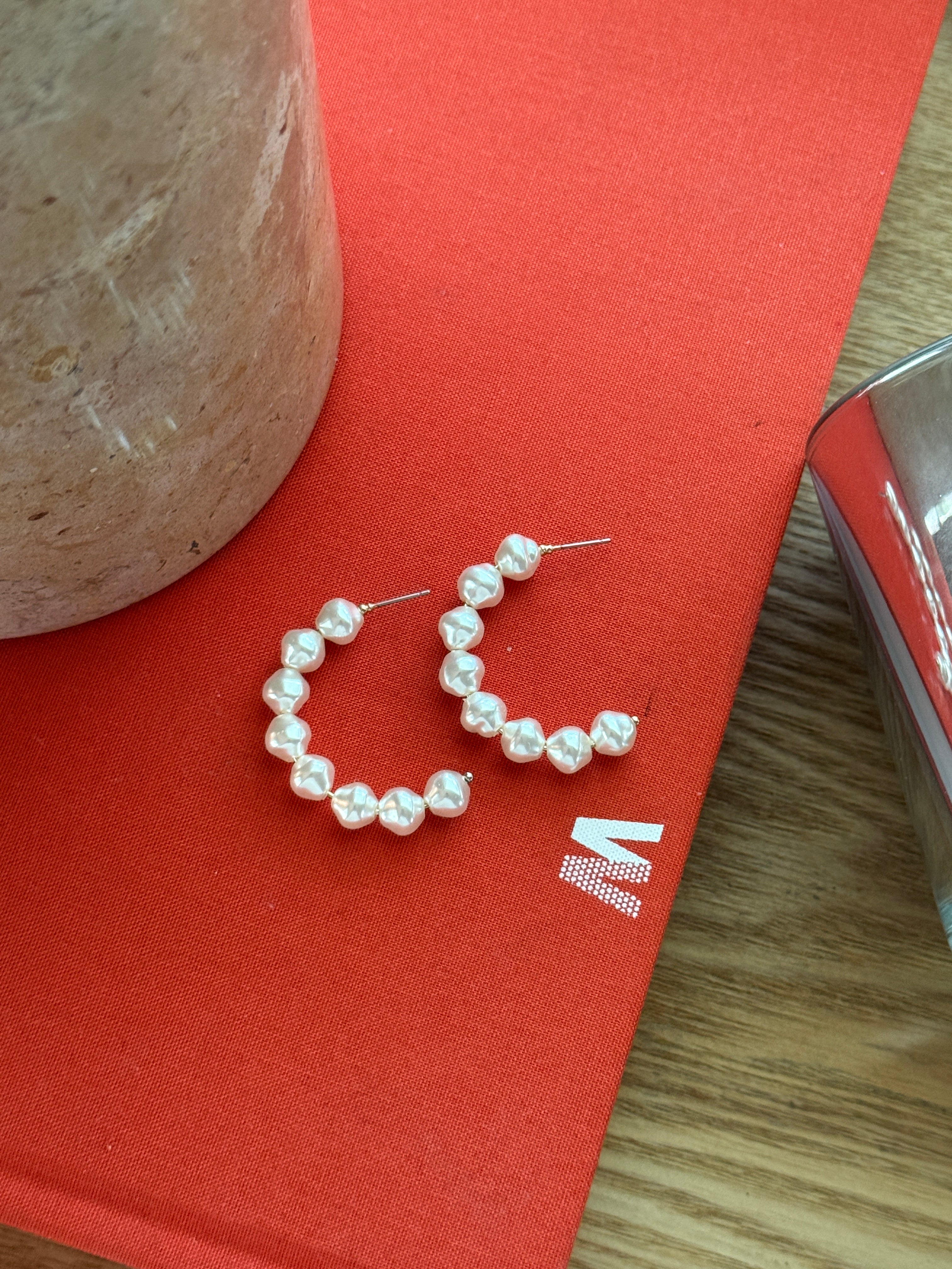 Pearl Beaded Open Hoop Earrings