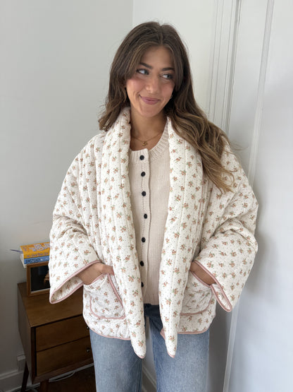Josie Blush Floral Pattern Quilted Cardigan Jacket (L)