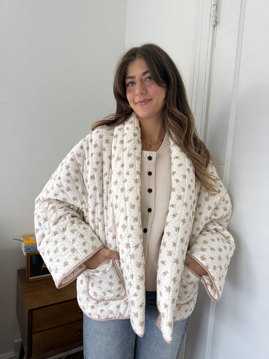 Josie Blush Floral Pattern Quilted Cardigan Jacket (L)