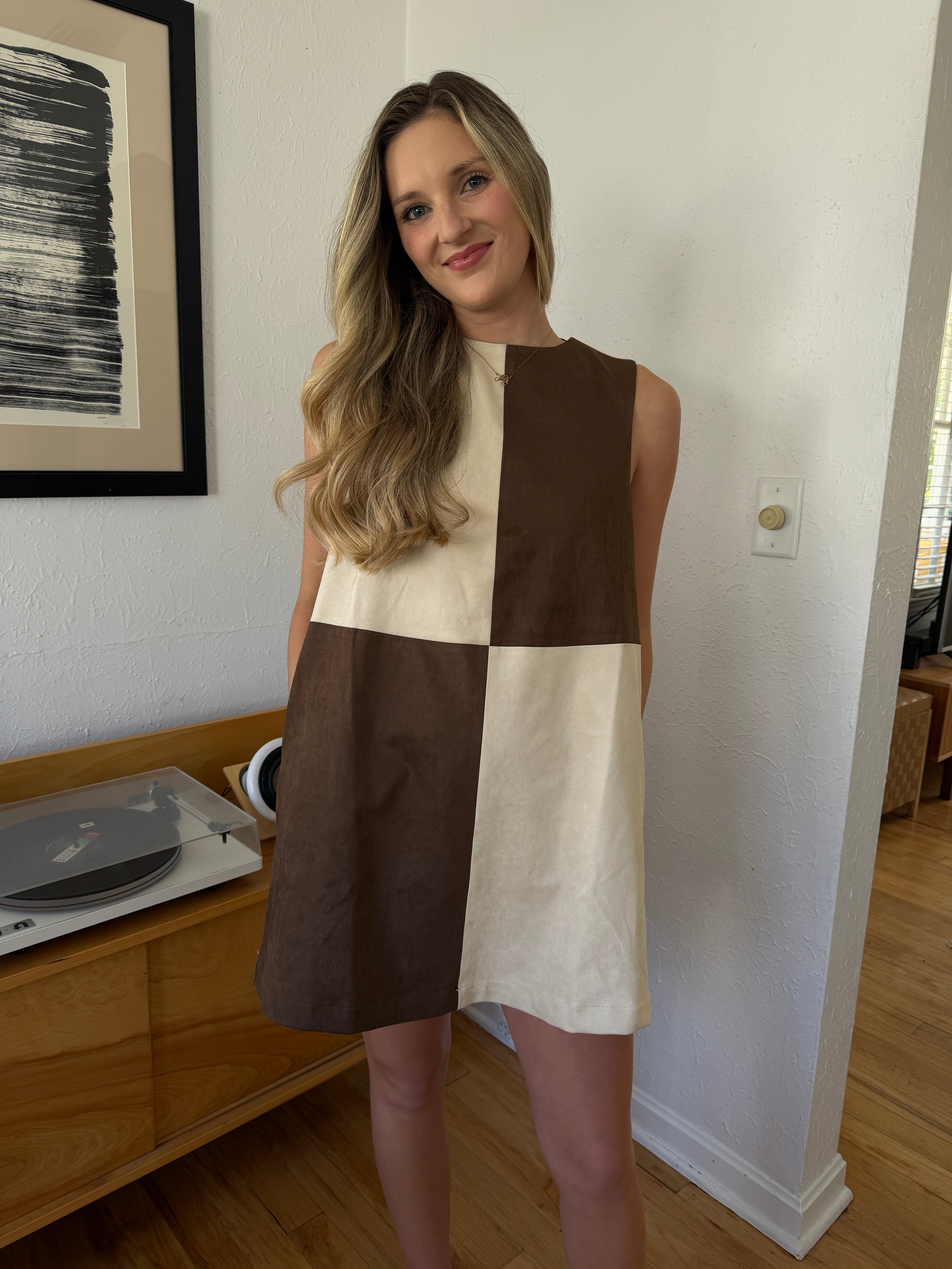 Miou Muse Ava Brown Checkered Faux Suede Mini Dress