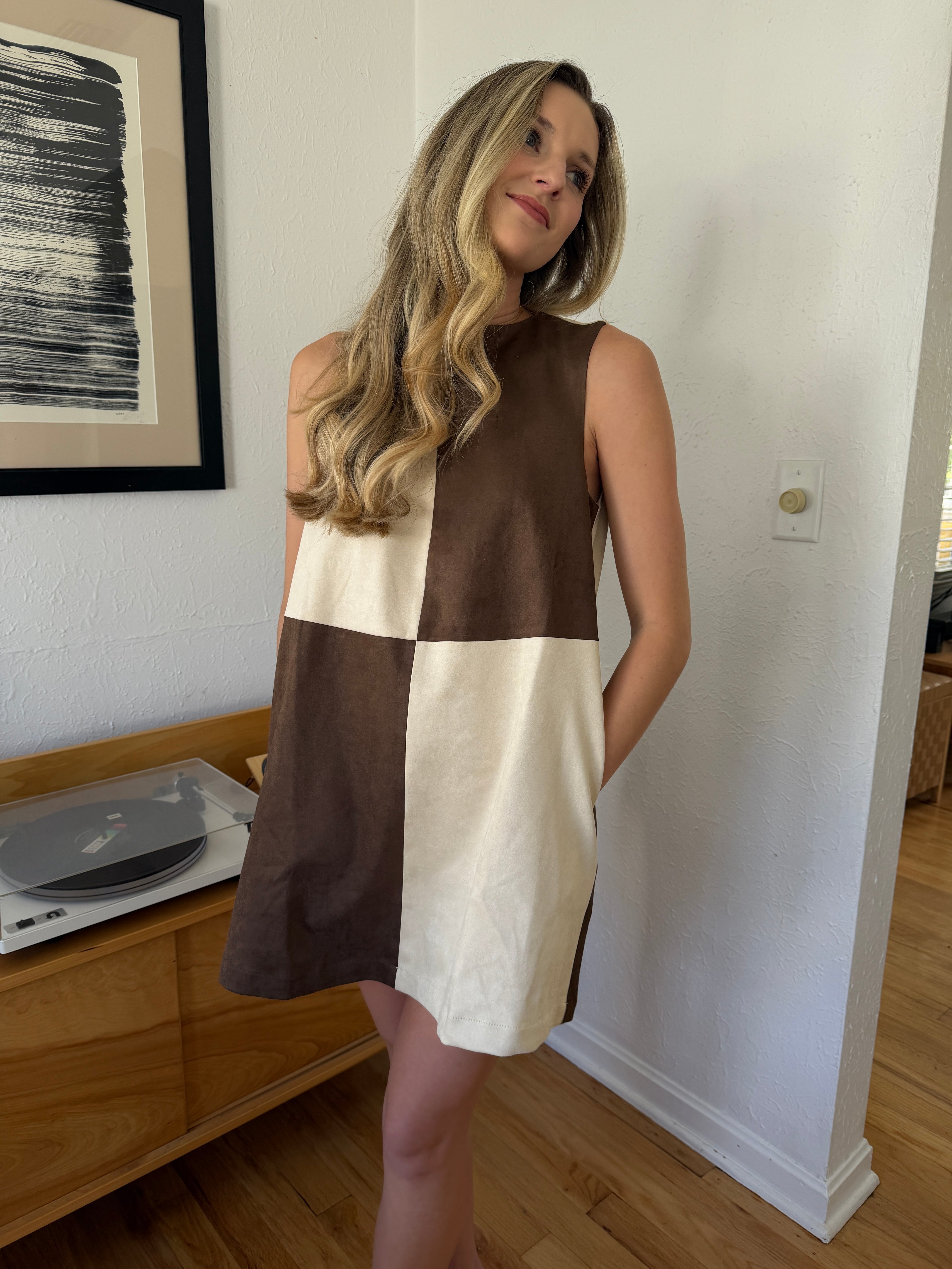 Miou Muse Ava Brown Checkered Faux Suede Mini Dress