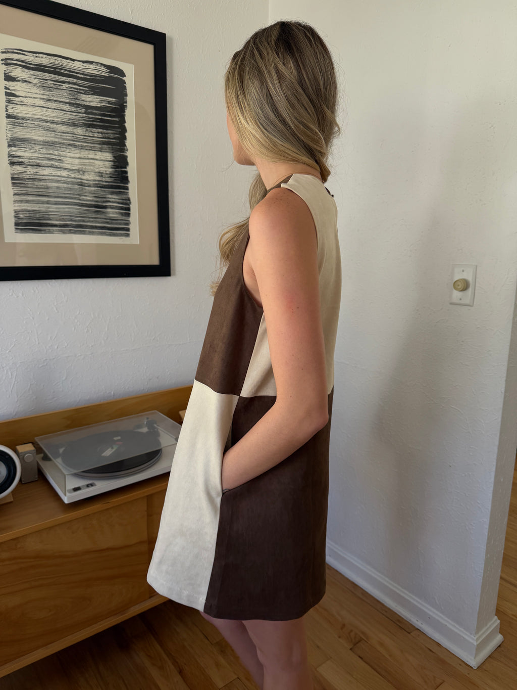 Miou Muse Ava Brown Checkered Faux Suede Mini Dress