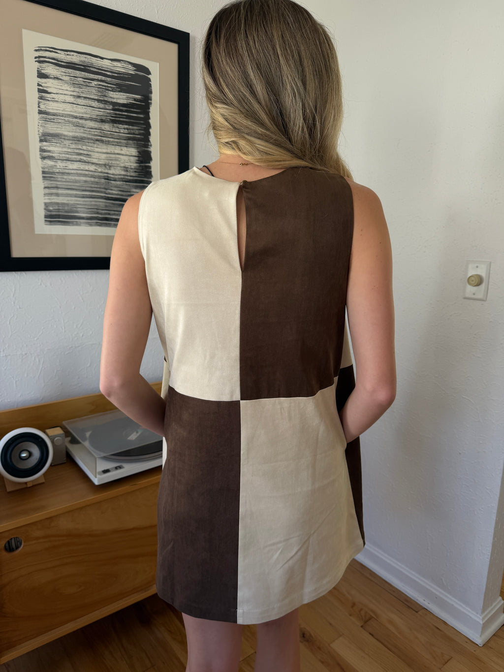 Miou Muse Ava Brown Checkered Faux Suede Mini Dress