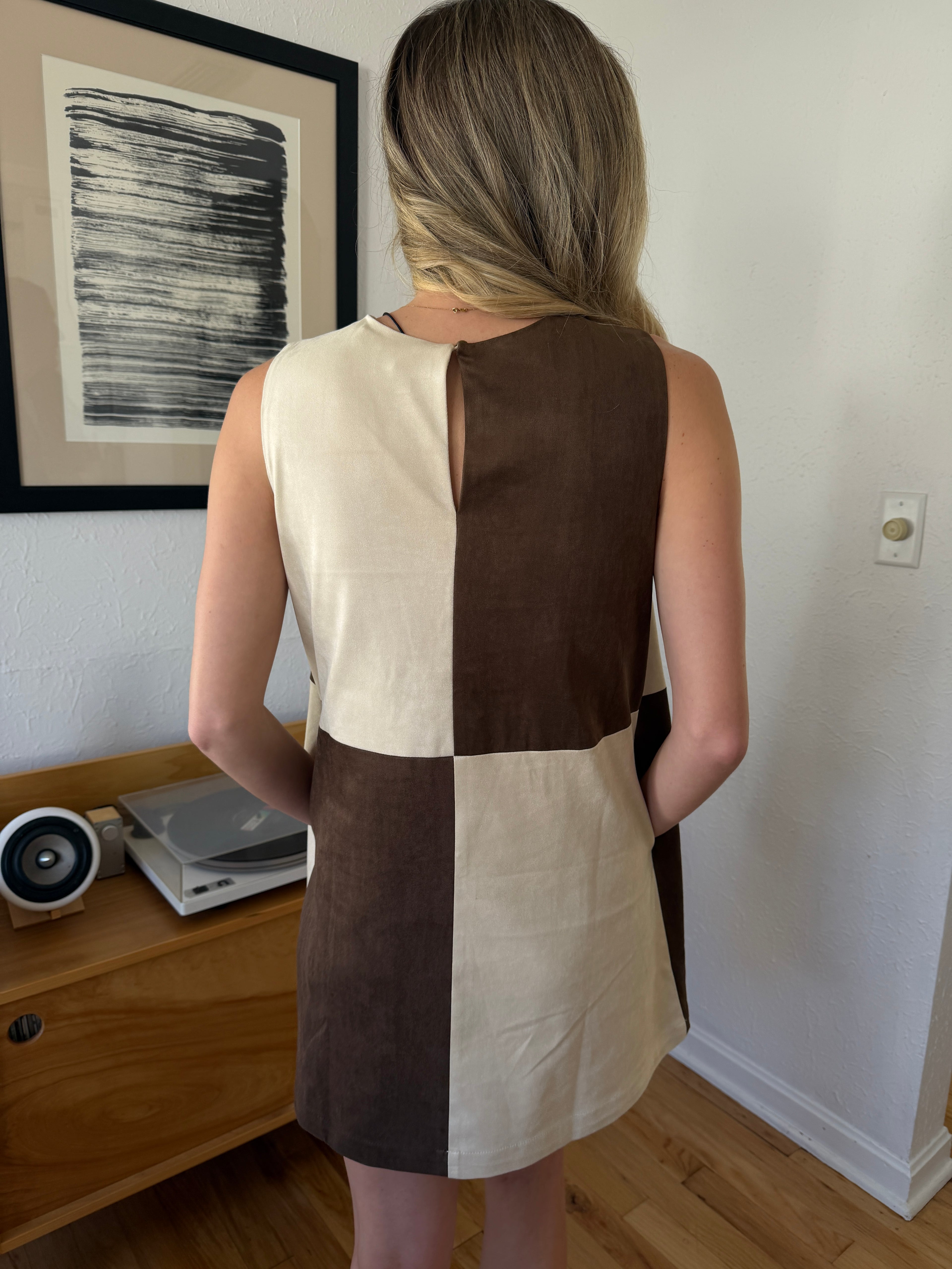 Miou Muse Ava Brown Checkered Faux Suede Mini Dress