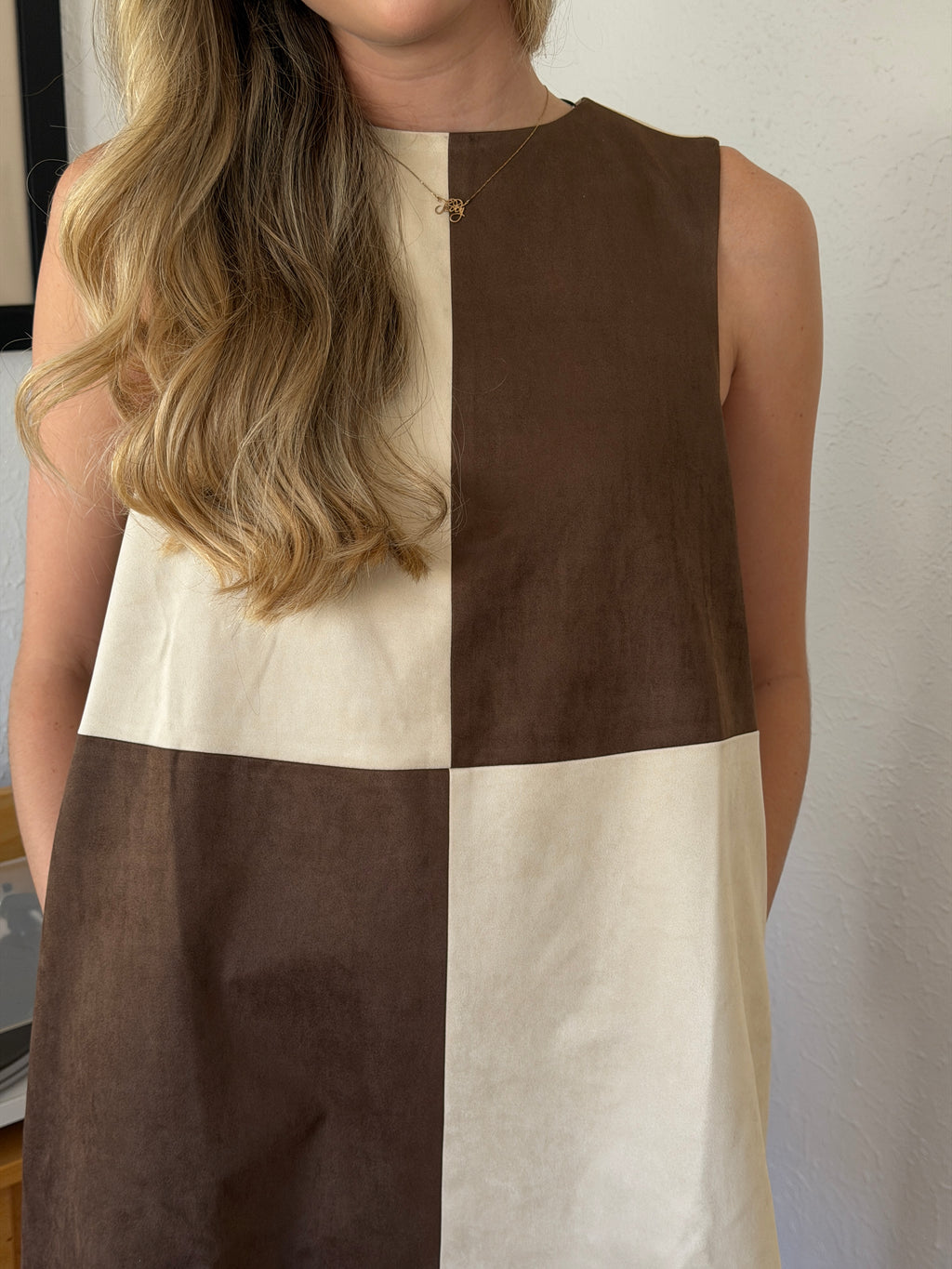 Miou Muse Ava Brown Checkered Faux Suede Mini Dress