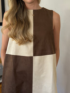 Miou Muse Ava Brown Checkered Faux Suede Mini Dress