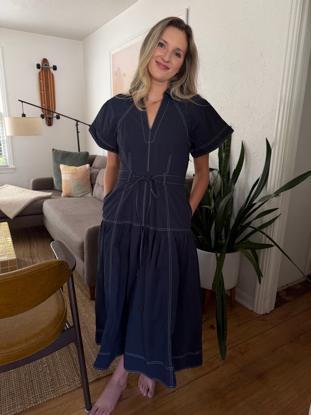 Avery Navy Contrast Stitch Collared Midi Dress