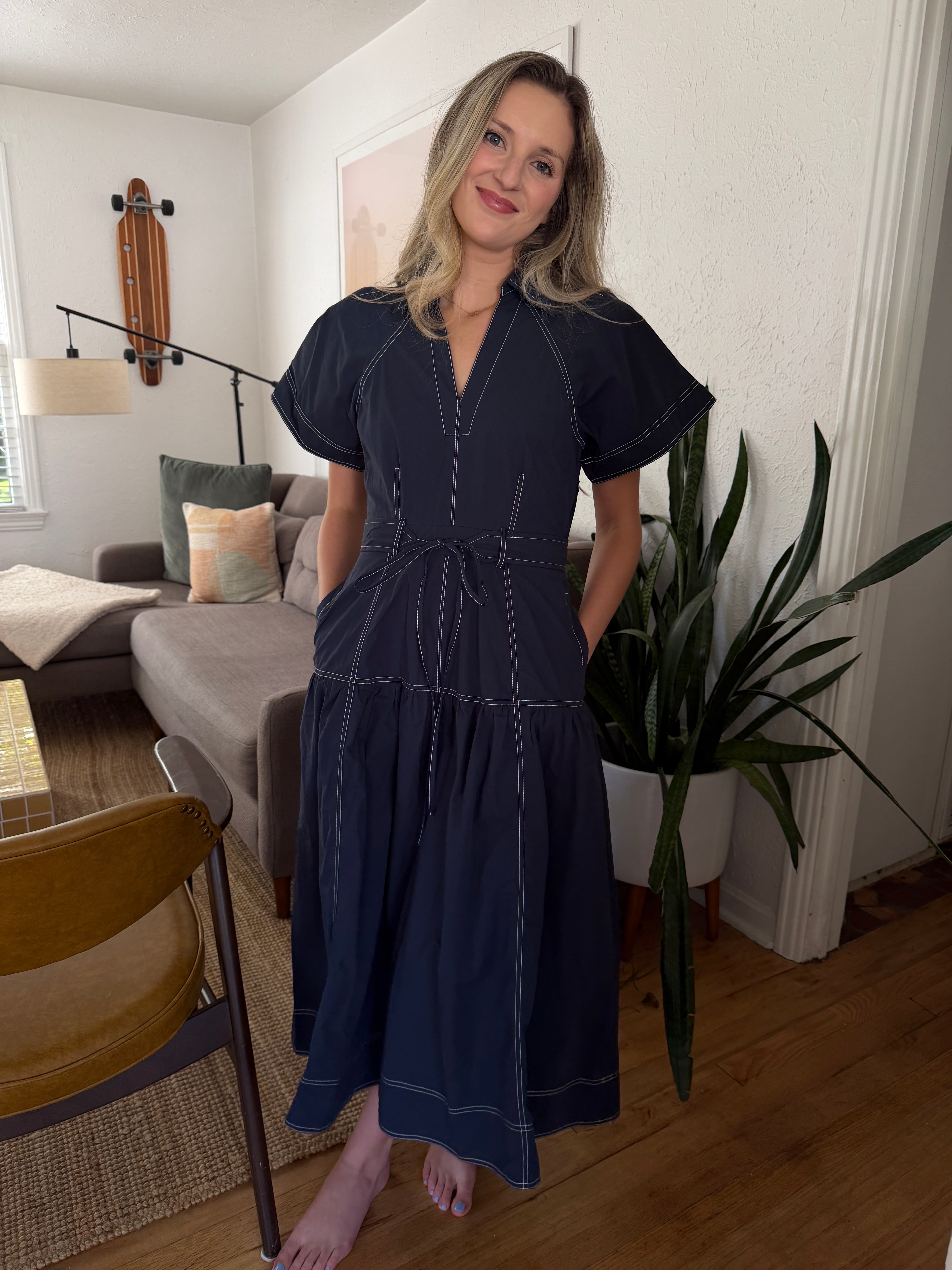 Avery Navy Contrast Stitch Collared Midi Dress