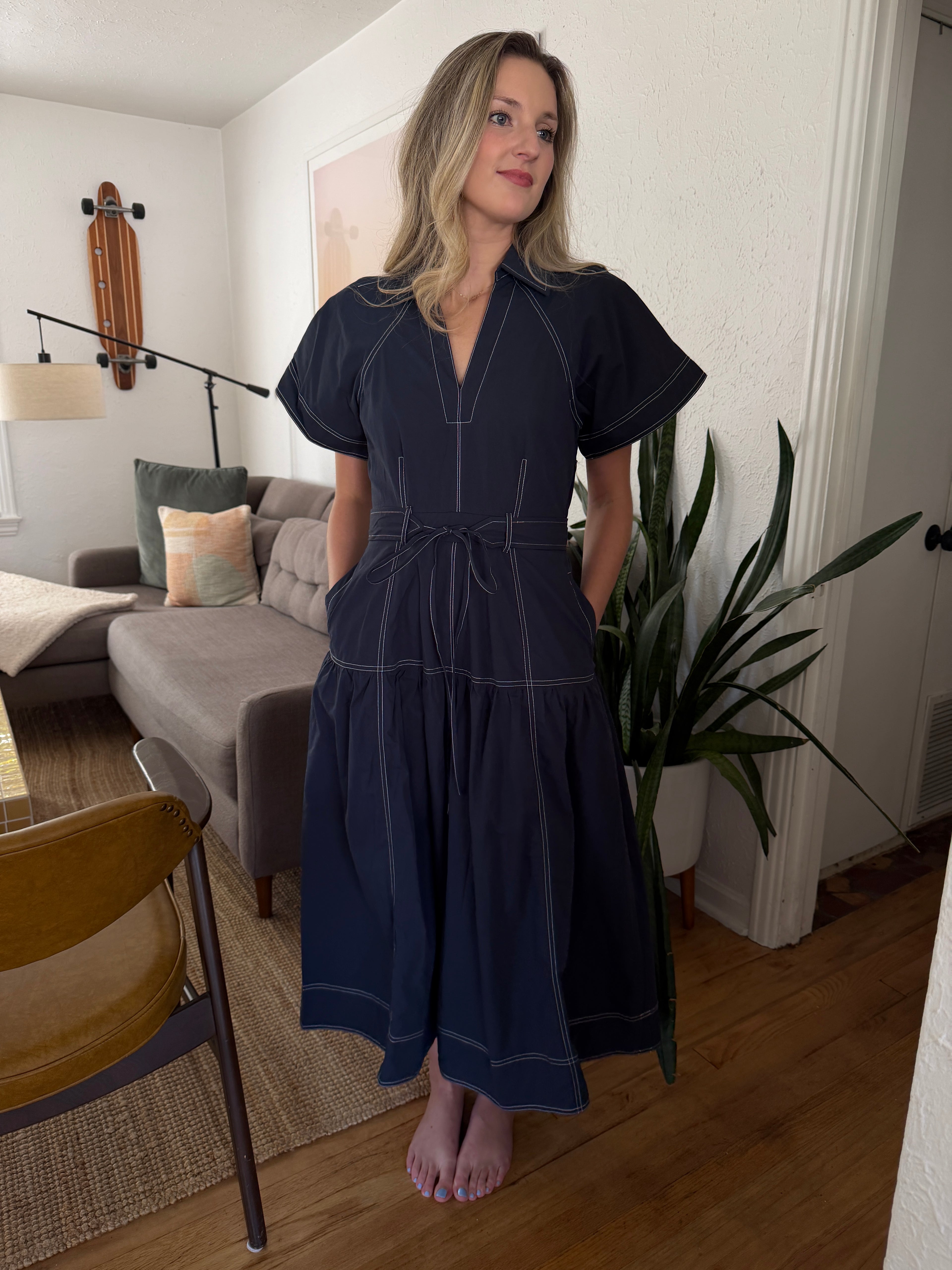 Avery Navy Contrast Stitch Collared Midi Dress