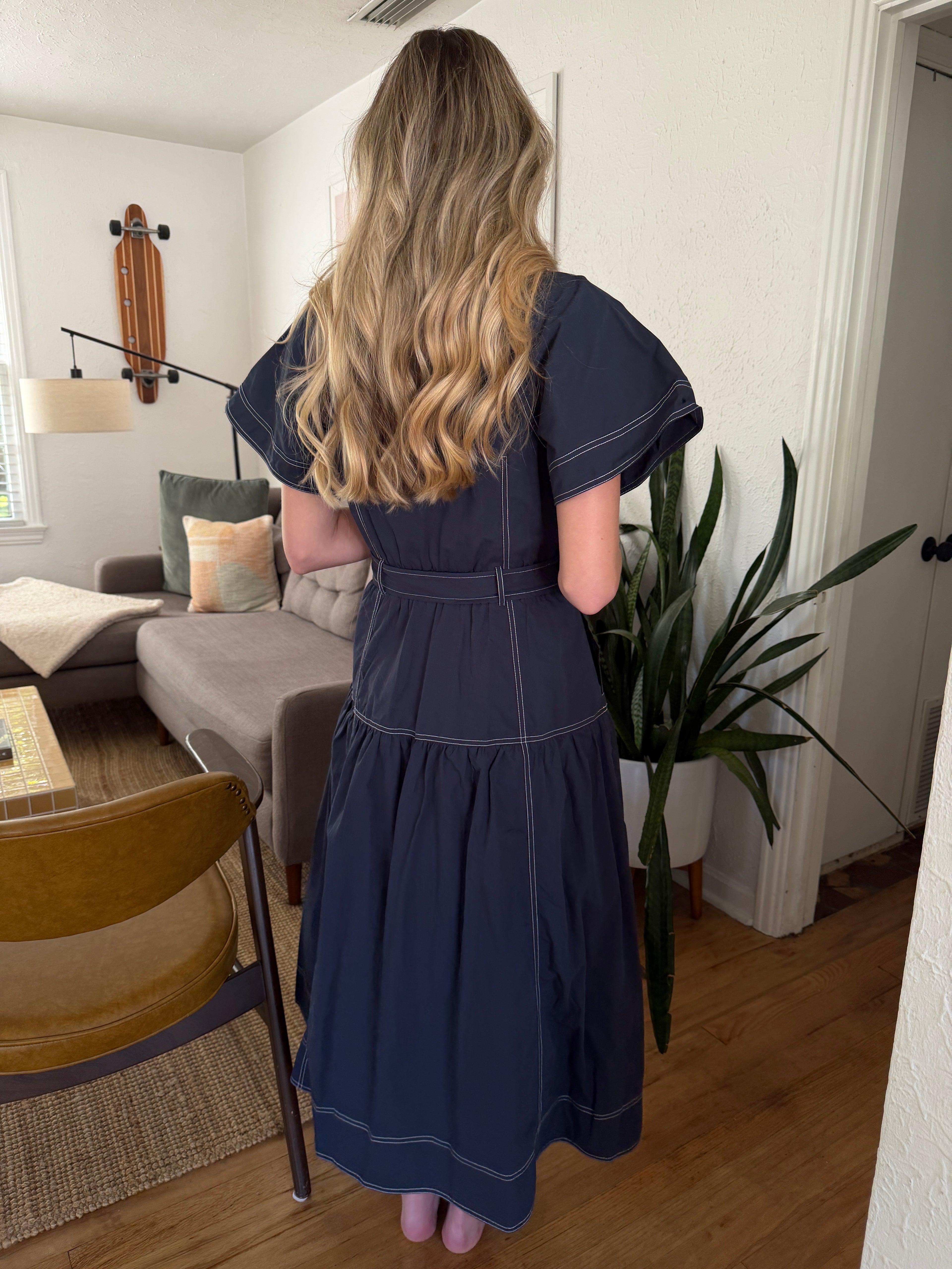 Avery Navy Contrast Stitch Collared Midi Dress