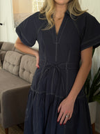 Avery Navy Contrast Stitch Collared Midi Dress