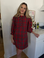 PINCH Andrea Holiday Plaid Buttoned Puff Sleeve Mini Dress