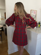PINCH Andrea Holiday Plaid Buttoned Puff Sleeve Mini Dress