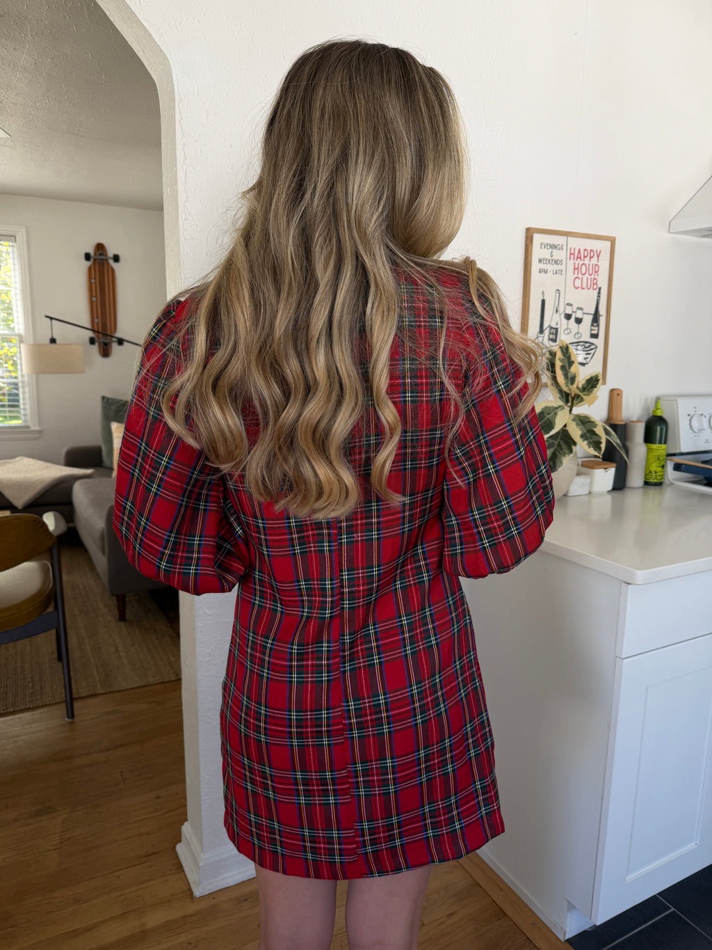 PINCH Andrea Holiday Plaid Buttoned Puff Sleeve Mini Dress