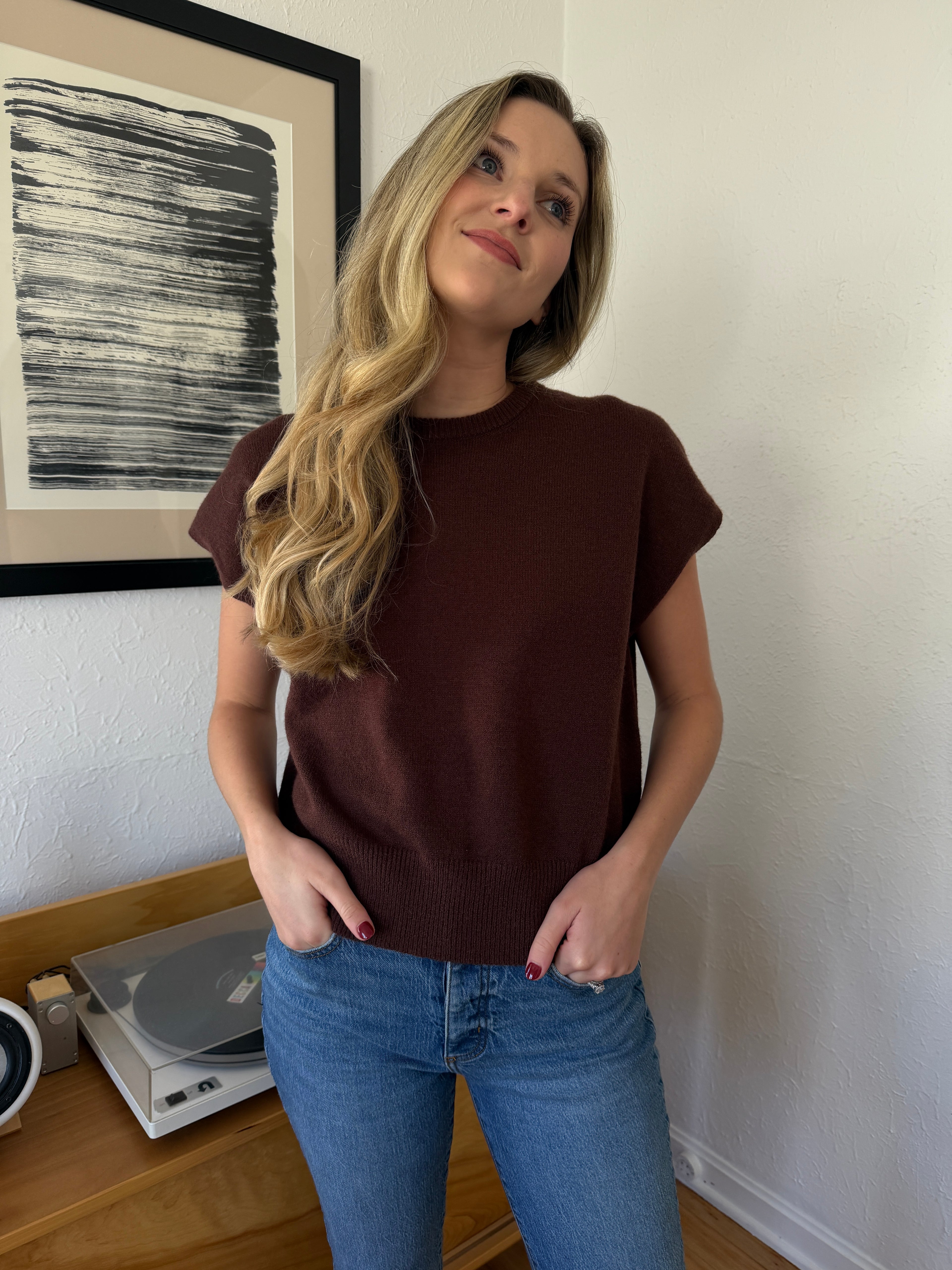 Miou Muse Victoria Short Sleeve Soft Knit Top (Brown)