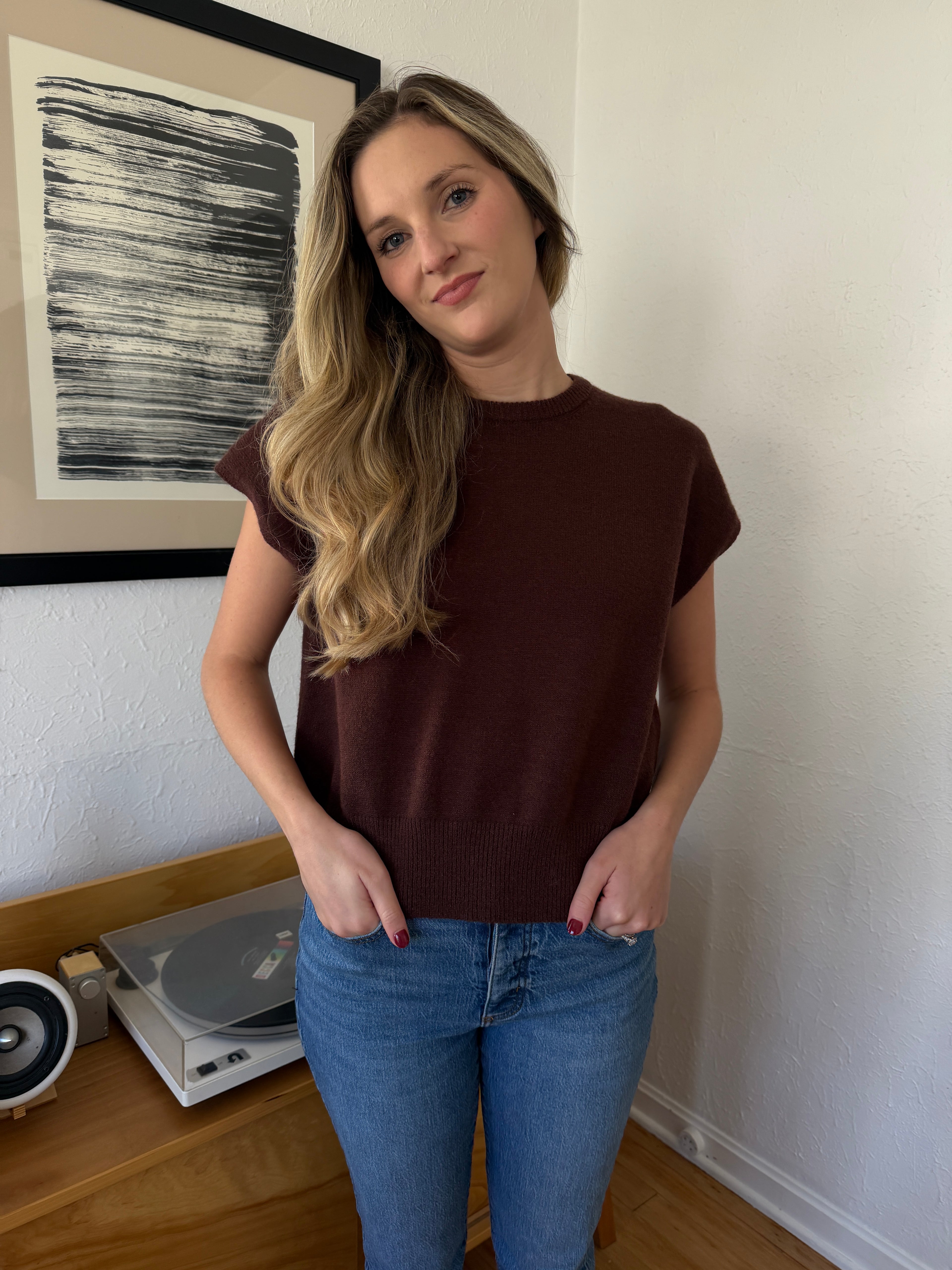 Miou Muse Victoria Short Sleeve Soft Knit Top (Brown)