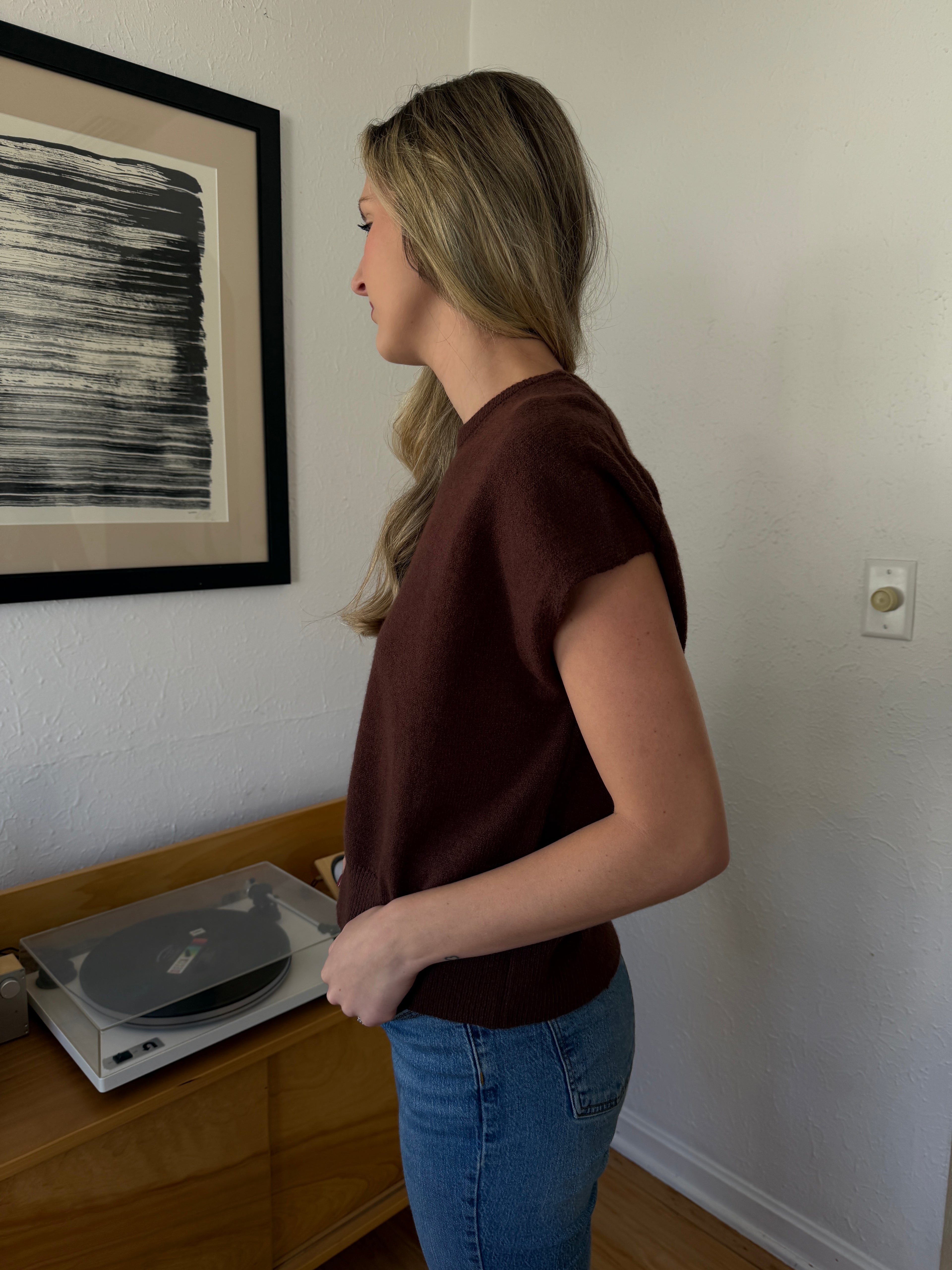 Miou Muse Victoria Short Sleeve Soft Knit Top (Brown)