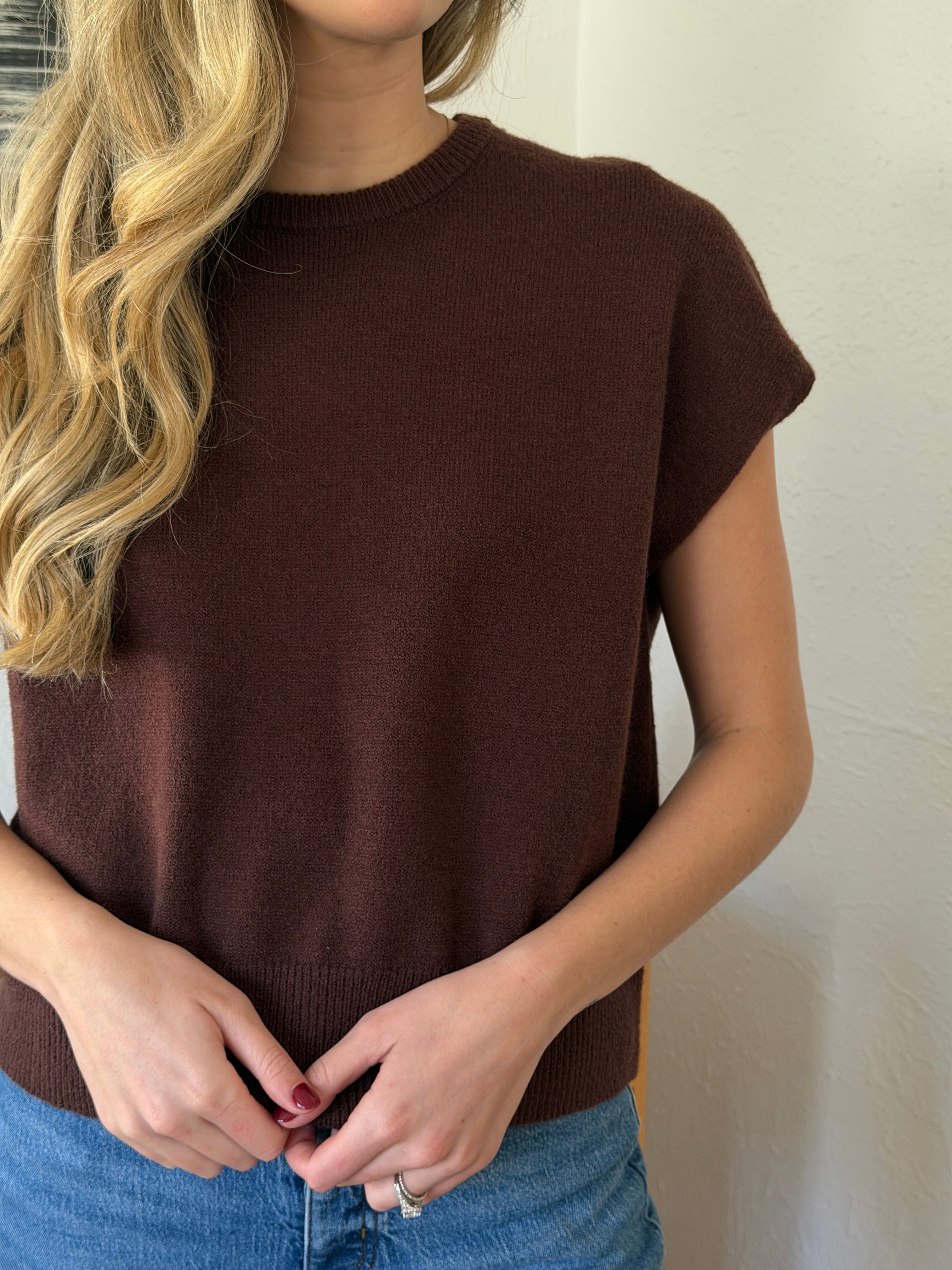 Miou Muse Victoria Short Sleeve Soft Knit Top (Brown)