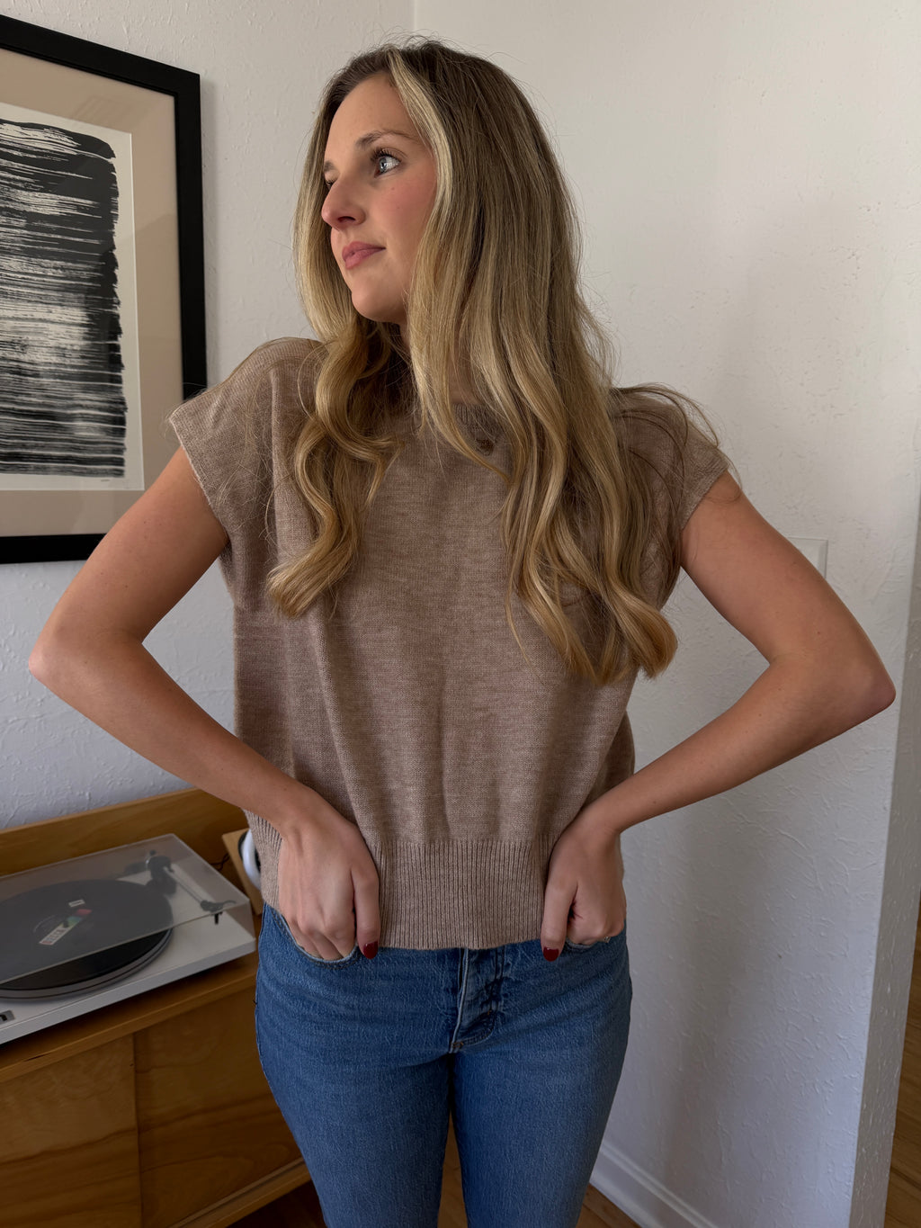 Miou Muse Victoria Short Sleeve Soft Knit Top (Beige)