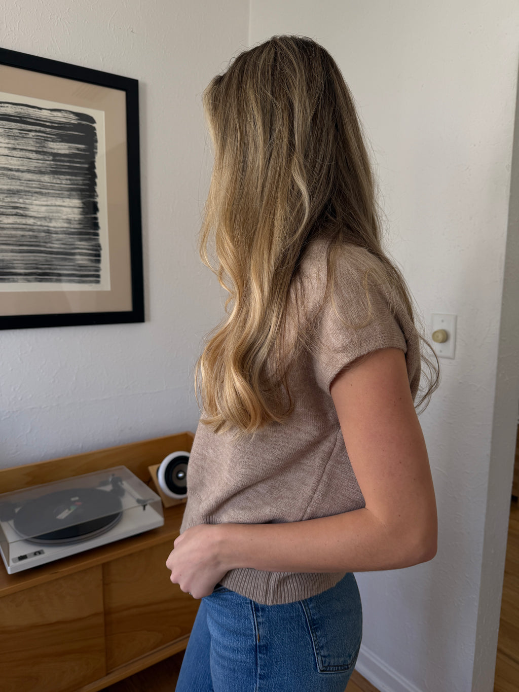 Miou Muse Victoria Short Sleeve Soft Knit Top (Beige)