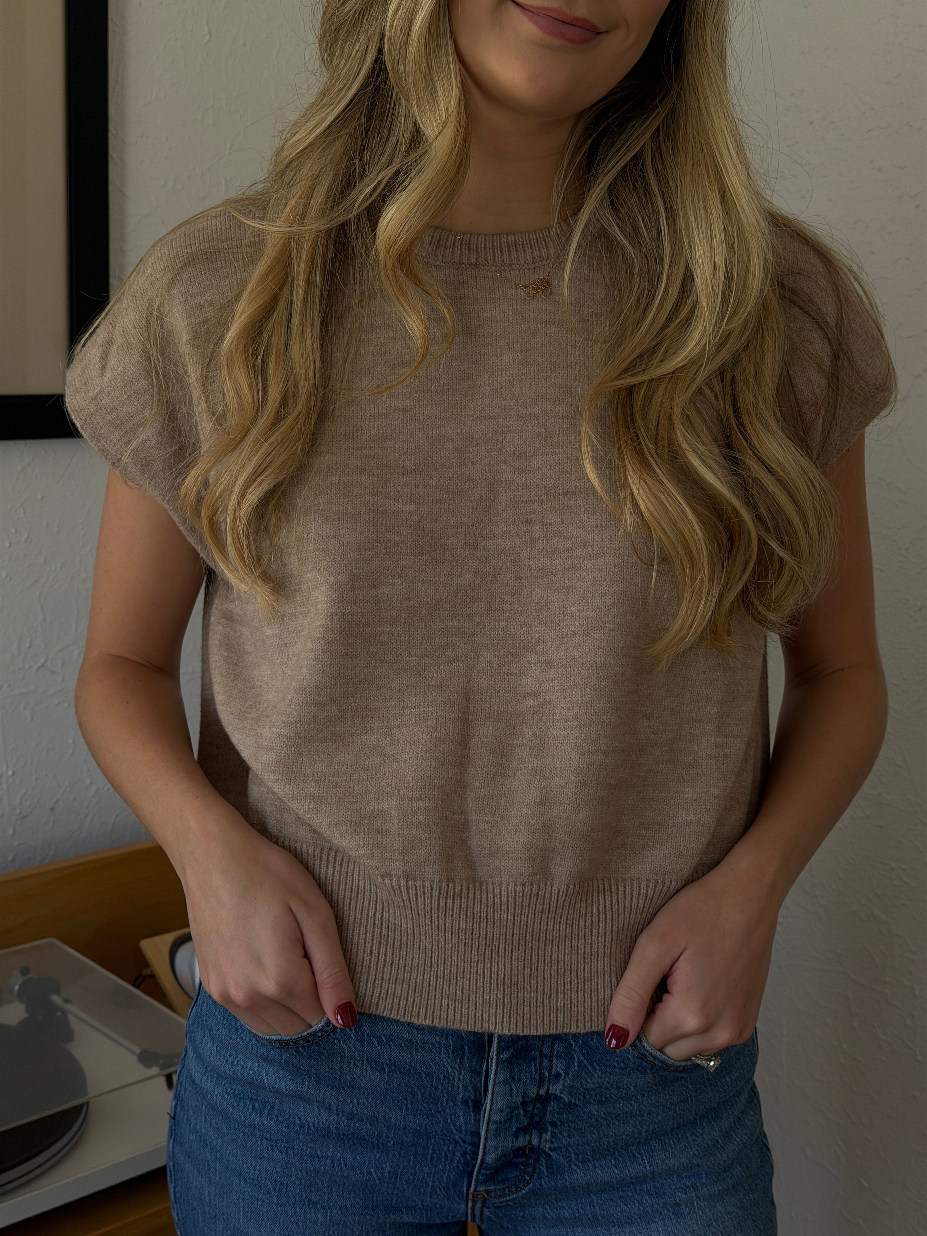 Miou Muse Victoria Short Sleeve Soft Knit Top (Beige)