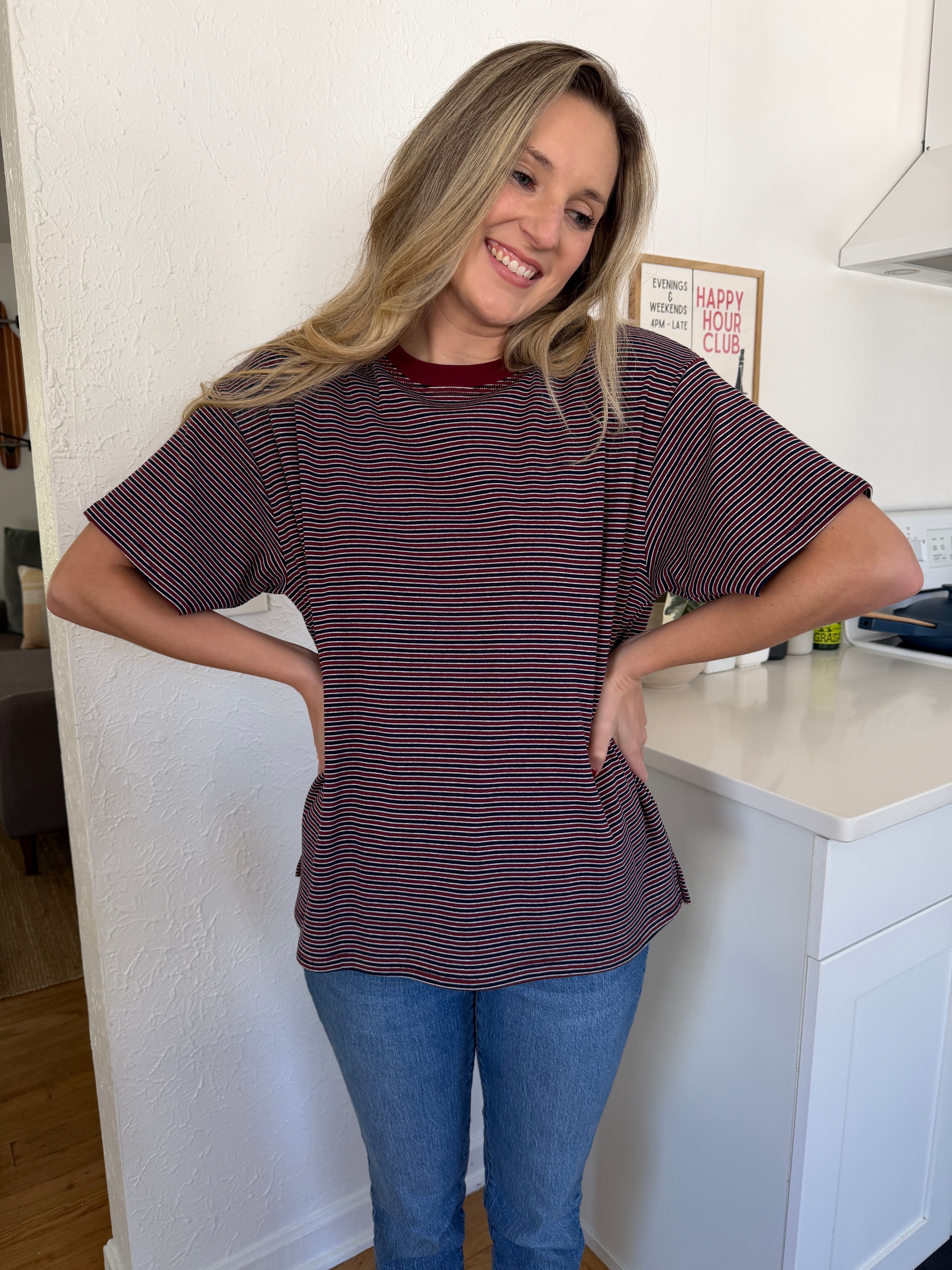 Things Between Gia Striped Oversized Cotton T-Shirt (Wine/Navy)