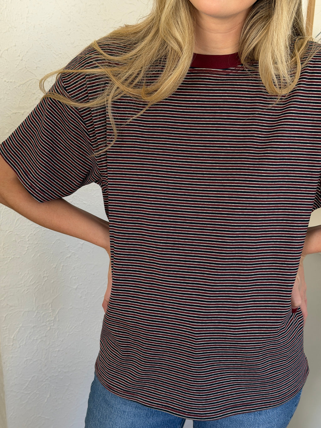 Things Between Gia Striped Oversized Cotton T-Shirt (Wine/Navy)