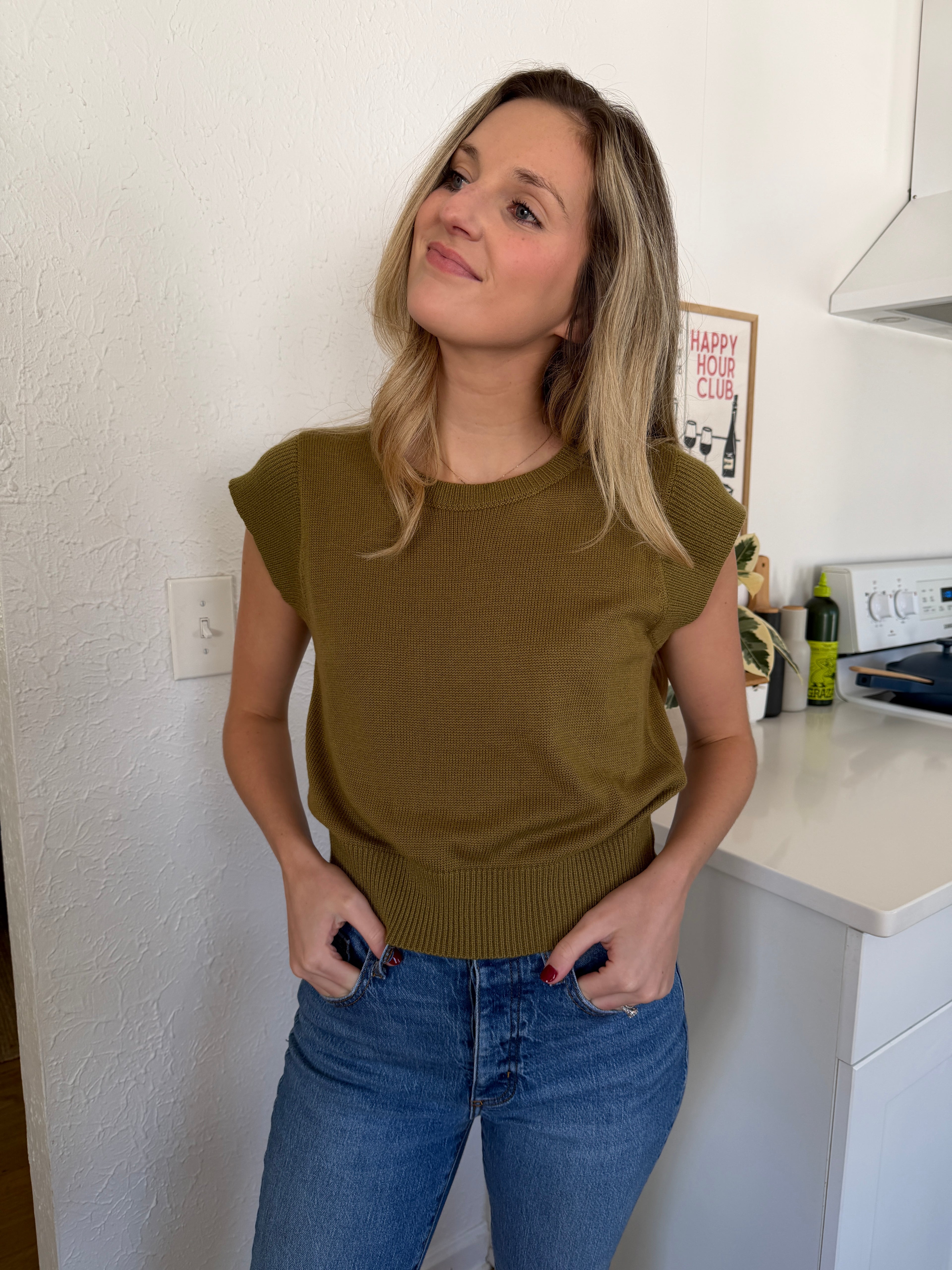 PINCH Amy Lightweight Knit Short Sleeve Top (Olive)