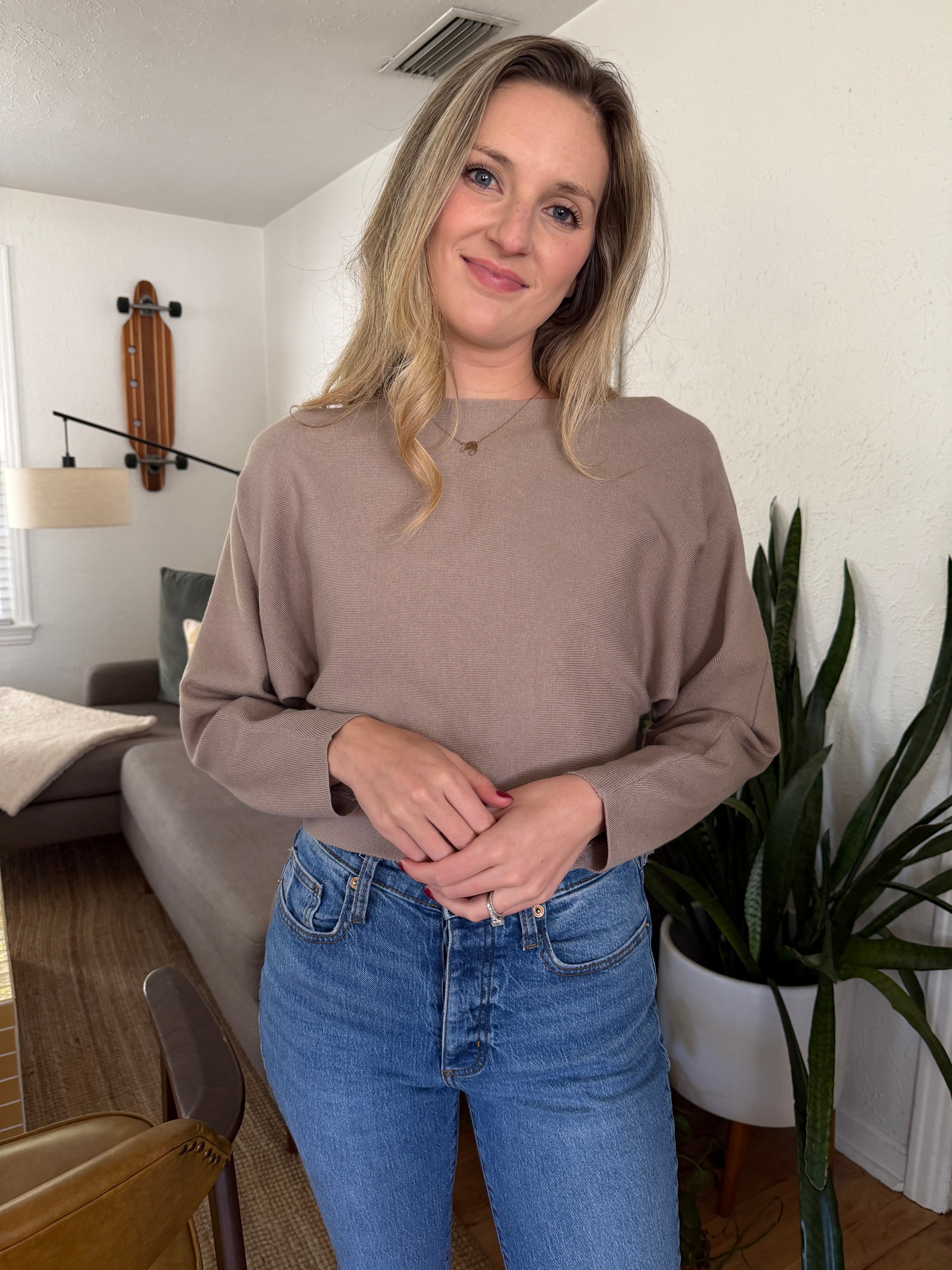 PINCH Alyssa Taupe Rib Fitted Long Sleeve Top