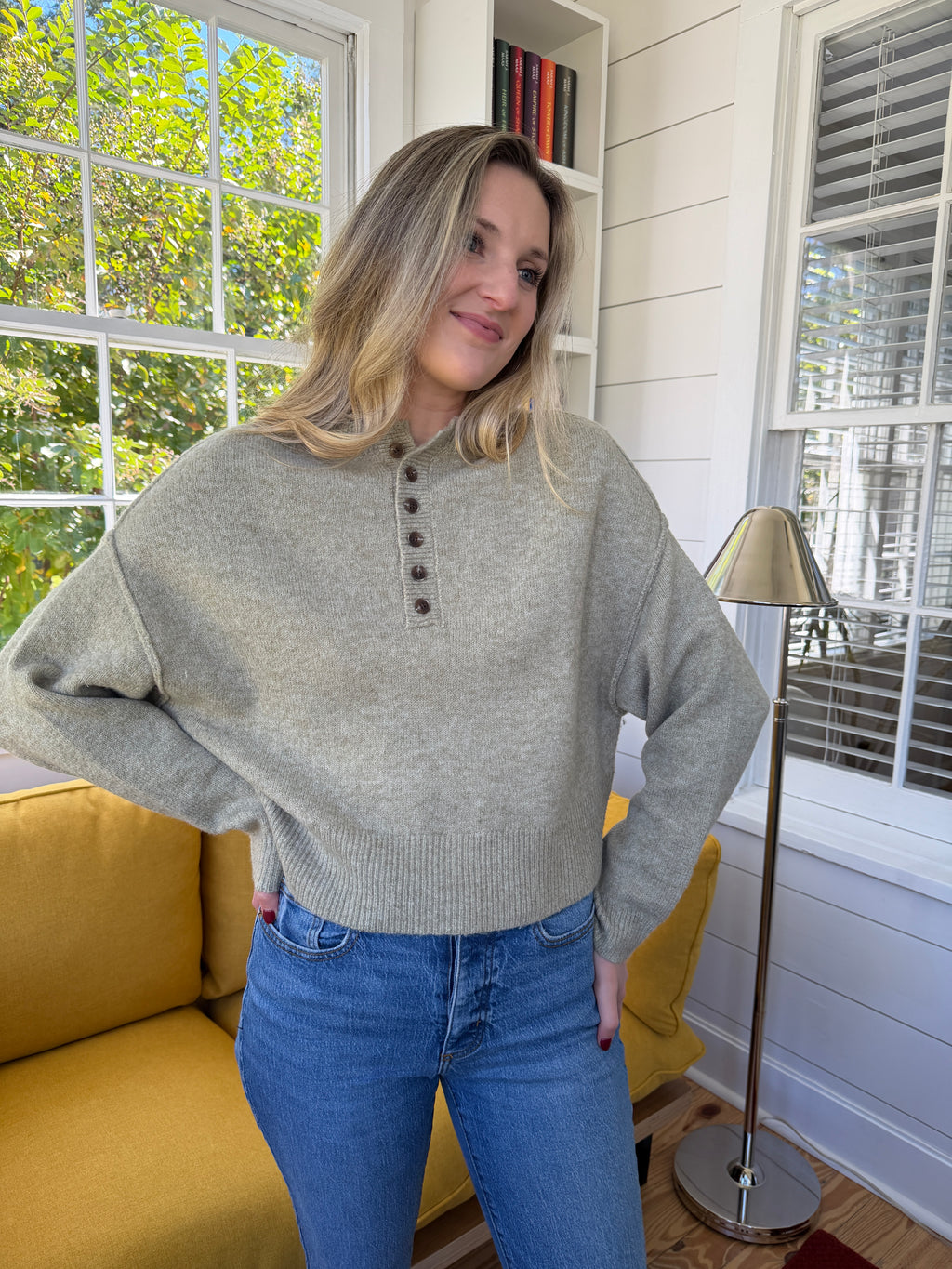 Addison Knit Buttoned Henley Long Sleeve Top (Sage)