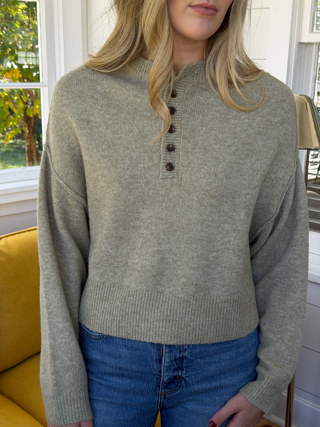 Addison Knit Buttoned Henley Long Sleeve Top (Sage)