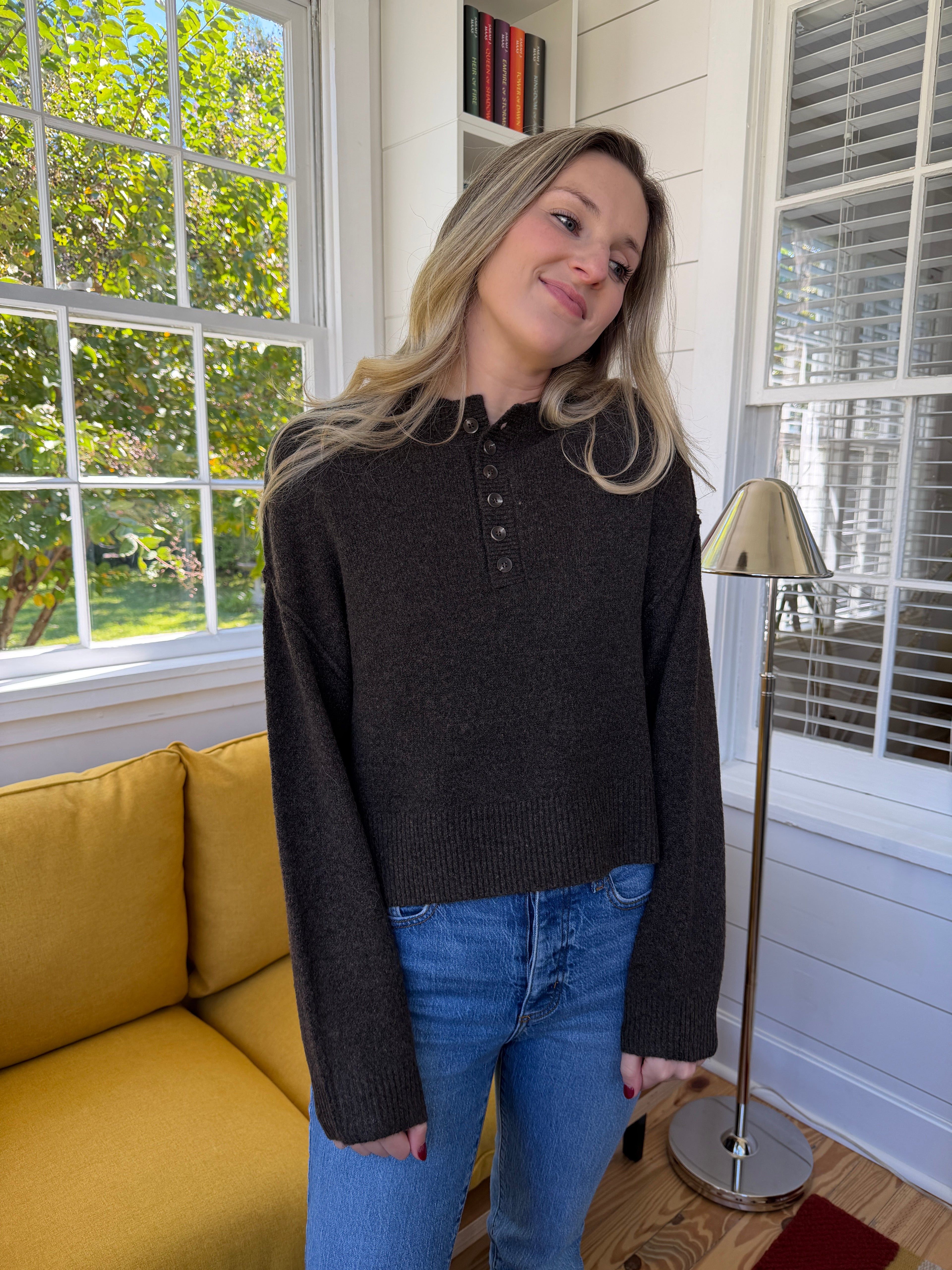 Addison Knit Buttoned Henley Long Sleeve Top (Brown)