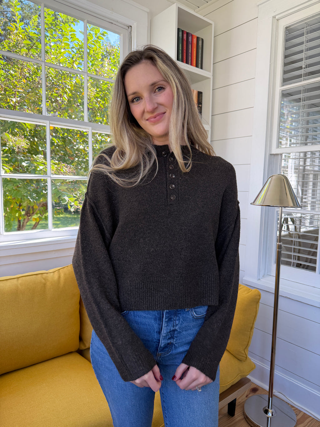 Addison Knit Buttoned Henley Long Sleeve Top (Brown)