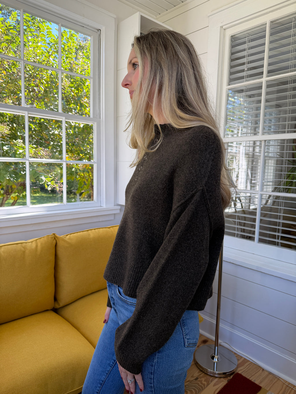 Addison Knit Buttoned Henley Long Sleeve Top (Brown)